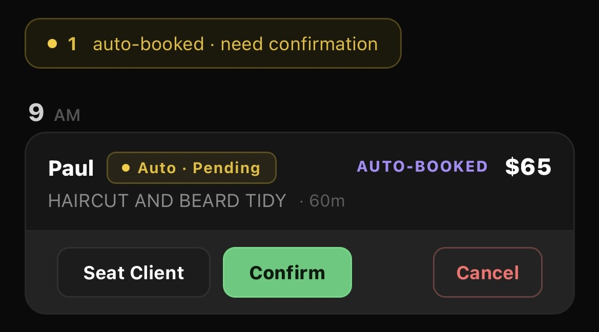 NEXTCUT screen showing a tentatively auto-booked next cut, pending confirmation